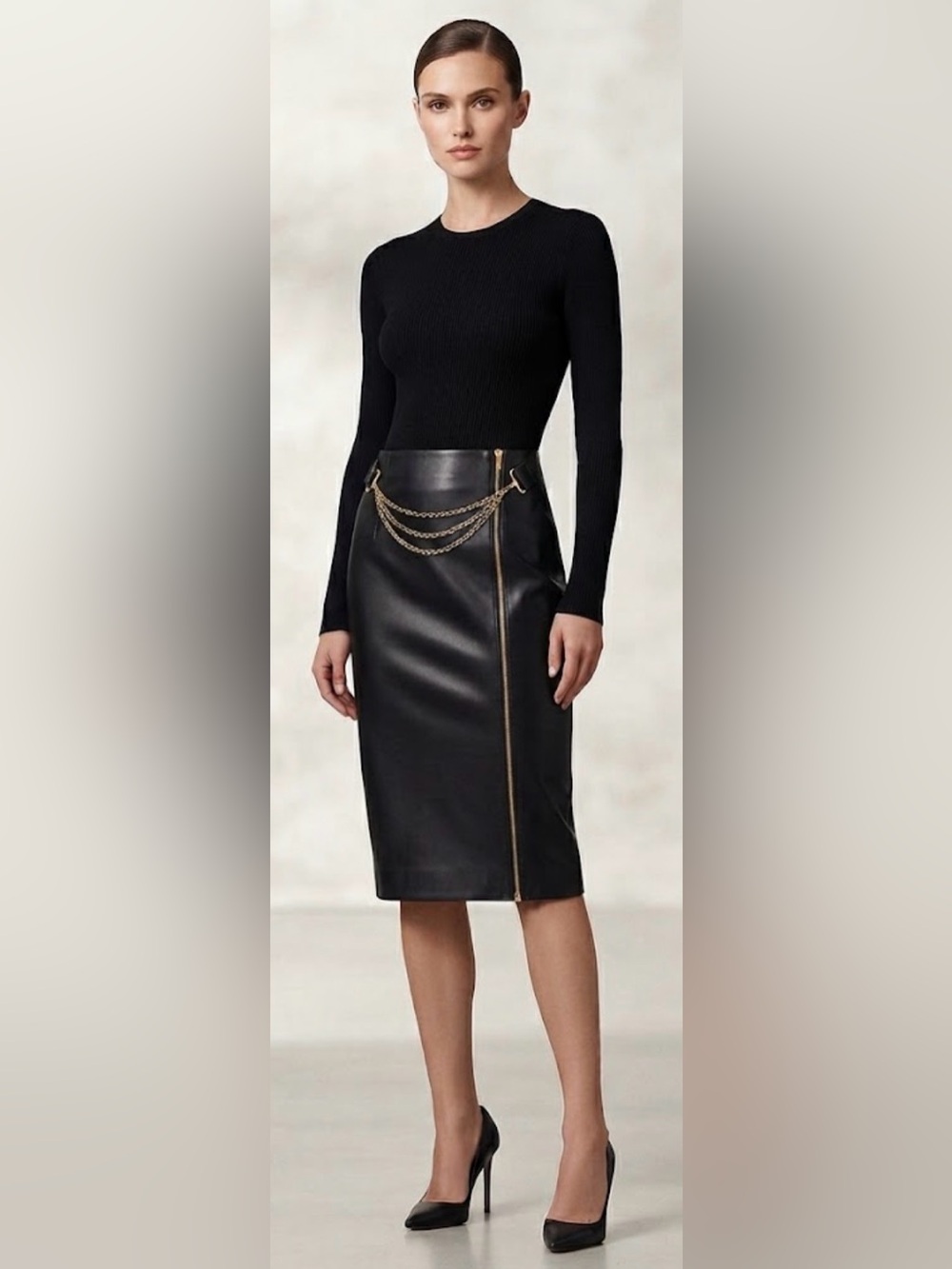 Donna Karan New York Black Faux Leather Midi Pencil Skirt Gold Chain Edgy Chic